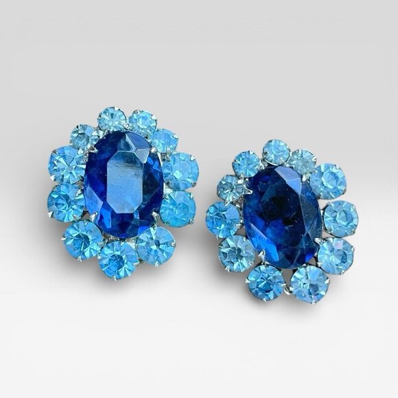 Vintage Jewelry - Vintage 1950s Blue Rhinestone Earrings Clip On Bridal Statement Costume Jewelry